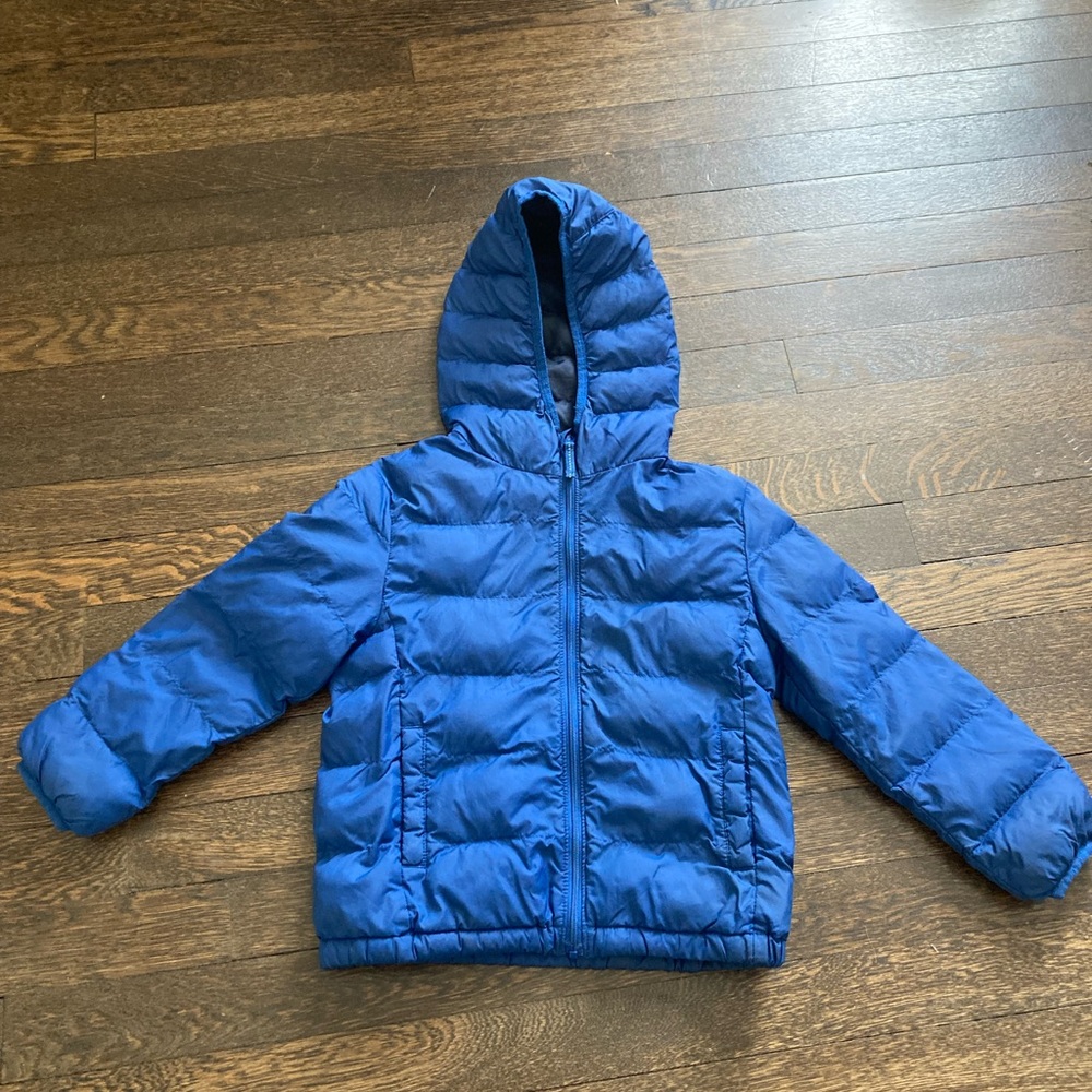 Uniqlo Boys Girls Light Warm Padded Parka Hooded Jacket Blue Sz 110 3-4Y